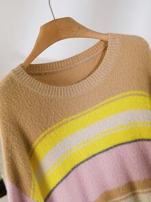 CosyJoli Suéter informal de cuello redondo con parches de rayas multicolor en tallas grandes, suéter a rayas rosa y amarillo, suéter a rayas para mujer, jersey a rayas para mujer, suéter de bloques de color para mujer, suéter de bloques de color, suéter a rayas esponjoso para mujer - Multicolor - Ver 7