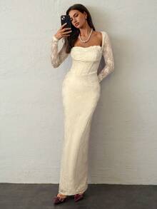 Aloruh 女士新款秋冬派对/约会/宴会性感S型蕾丝长袖束胸领修身及地长裙，夏季女装，茶会礼服 - 米色 - 查看 4