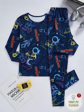 Space Theme Print Pajama Set For Teenage Boys, Astronaut & Rocket Pattern Long Sleeve Top And Pants, 2pcs Snug Fit Loungewear