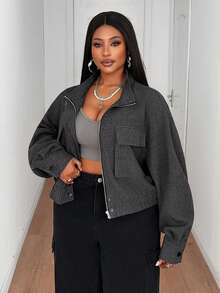 Maweii Plus Size Women's Casual Stand Collar Loose Retro Versatile Long Sleeve Zipper Pocket Jacket Coat, Suitable For Outings And Commuting - Dark Grey - View 5