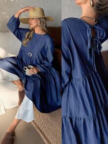 EMERY ROSE 女士圆领长袖荷叶边宽松牛仔娃娃裙 - 藍色 - 查看 1