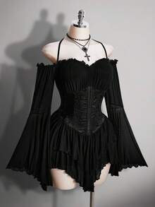 SHEIN ICON 加大码 Y2K 黑色褶皱提花腰带拼接褶皱荷叶边露肩吊带喇叭袖多层荷叶边下摆 A 字雪纺迷你连衣裙，哥特暗黑风格派对装扮 - 黑色 - 查看 6