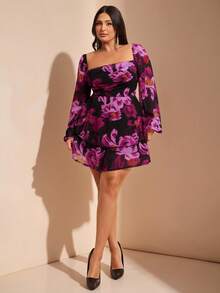 SHEIN BAE Bộ đồ liền thân rộng rãi cổ vuông in hoa tay loe cỡ lớn dành cho nữ - Màu tím - Xem 5