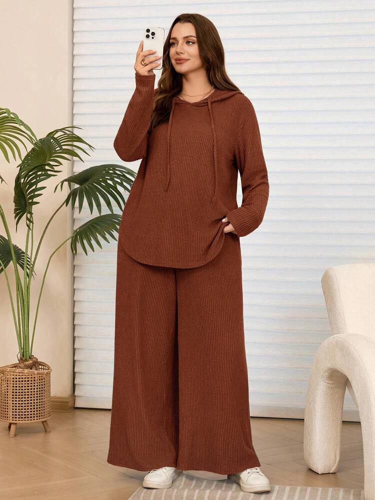 2 piezas Conjunto de sudadera con capucha y pantalones casuales para mujer talla grande con bolsillos, otoño/invierno