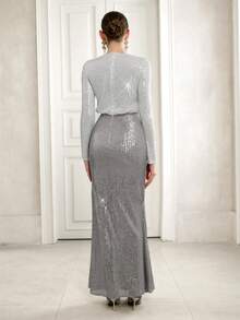 Selianne Sequin Embellished Elegant Dress, Sophisticated Party Gown - Silver - View 2