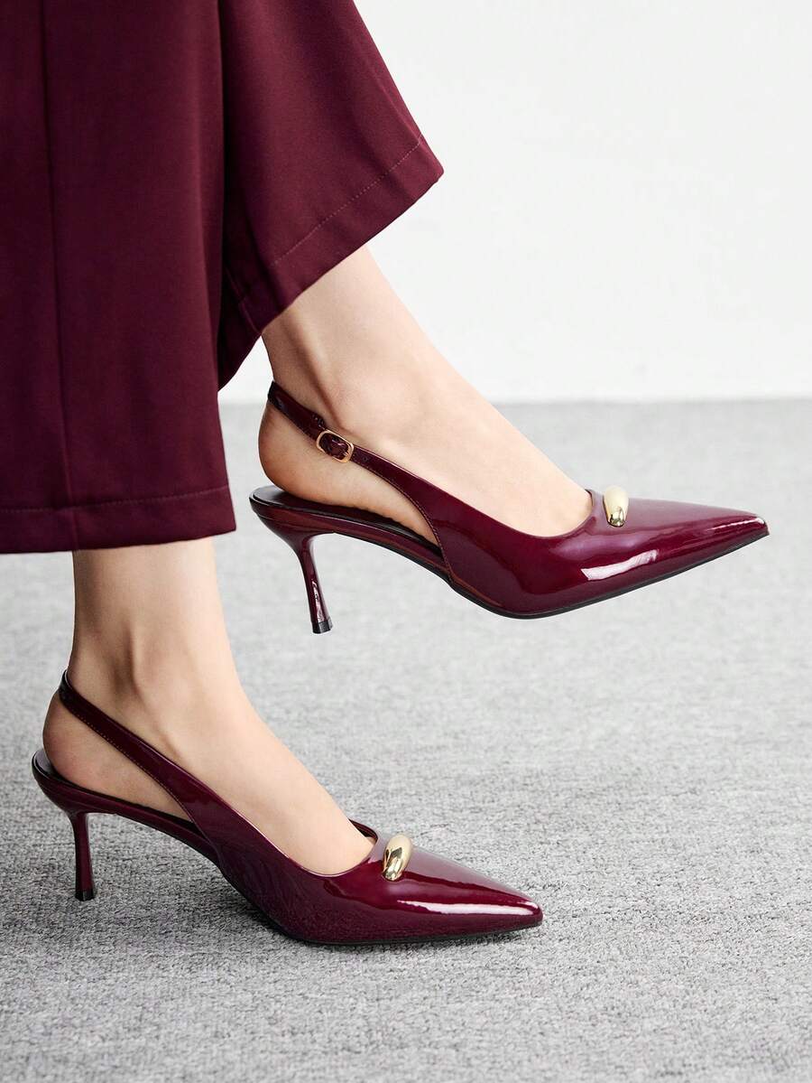CUCCOO BIZCHIC 极简露跟细跟纯色女式高跟鞋,通勤休闲两相宜。 - 酒紅色 - 查看 1