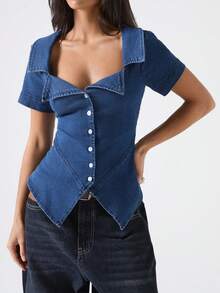 LYSMO Women's Fashion Front Button Fitted Denim Blouse - Navy Blue - View 3