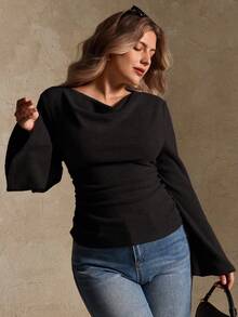 Elegantrix 大码女式宽松领喇叭袖收腰褶皱雪纺针织休闲上衣，秋冬款 - 黑色 - 查看 4