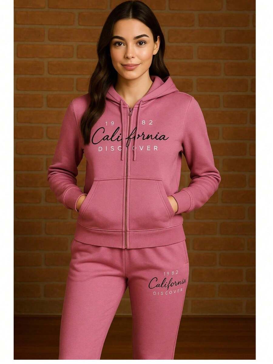 Nes Sport Conjunto Dama Estilo California 1982 Compuesto Por Sudadera Con Capucha Y Cierre Y Pantalones - Rosa - Ver 1