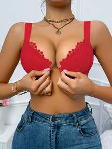 DesireSculpt 1 Áo ngực ren đen gợi cảm cài móc phía trước, nâng đỡ, có gọng điều chỉnh được - Đỏ - Xem 6