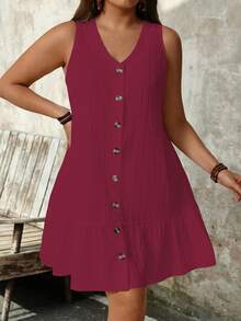 SHEIN PETITE Plus Size Sleeveless V-Neck Textured Fabric Dress - Burgundy - View 3