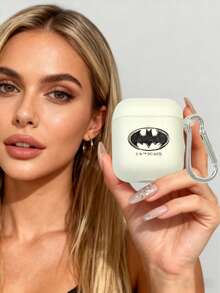 BATMAN X SHEIN Batmunn Earbud Case,Cartoon Glow-In-The-Dark Printed Matte White Earphone Case, Comes With 1 Hanging Hook, Compatible With AirPods - White - View 4