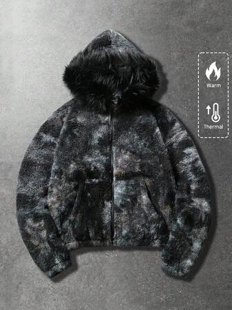 Chaqueta con capucha teñida anudada para hombres, forrada térmica, engrosada para otoño/invierno