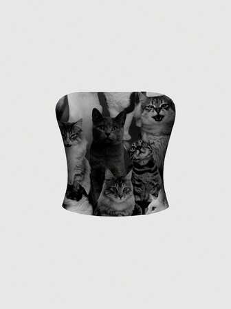 Grunge Punk Große Größen Damen dunkler süßer Katzen Grafik Punk Street Style Bandeau-Top