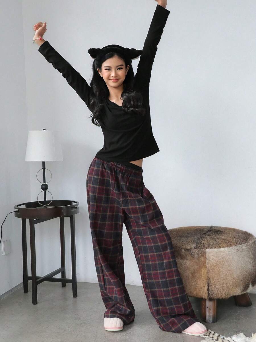 DAZY Youth (Girls) Casual Loose Comfortable Spring/Autumn Homewear Set, V-Neck T-Shirt And Plaid Straight Pants - Burgundy - View 1