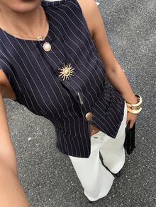 Siren Gaze Women's Metal Single-Breasted Striped Casual Top Summer - Grey - View 1