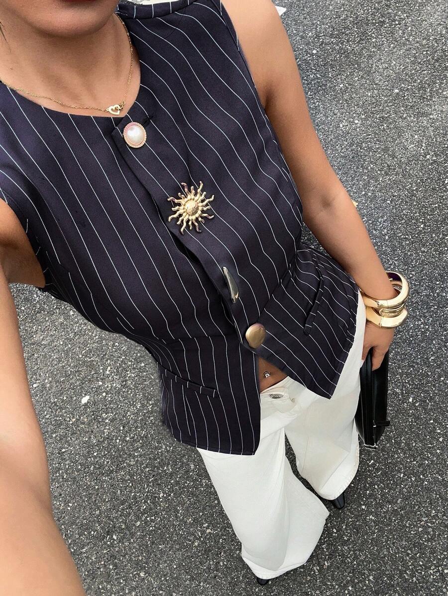 Siren Gaze Women's Metal Single-Breasted Striped Casual Top Summer - Grey - View 1