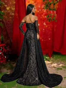 Glamrae Robe élégante, luxueuse et sexy avec épaules dénudées, décoration en dentelle française, structure en arête de poisson, ourlet en queue de poisson avec accent pailleté. Convient pour les bals, les événements d'affaires, les fêtes privées, les anniversaires, les vacances, les mariages et autres occasions formelles. - Noir - Voir 2