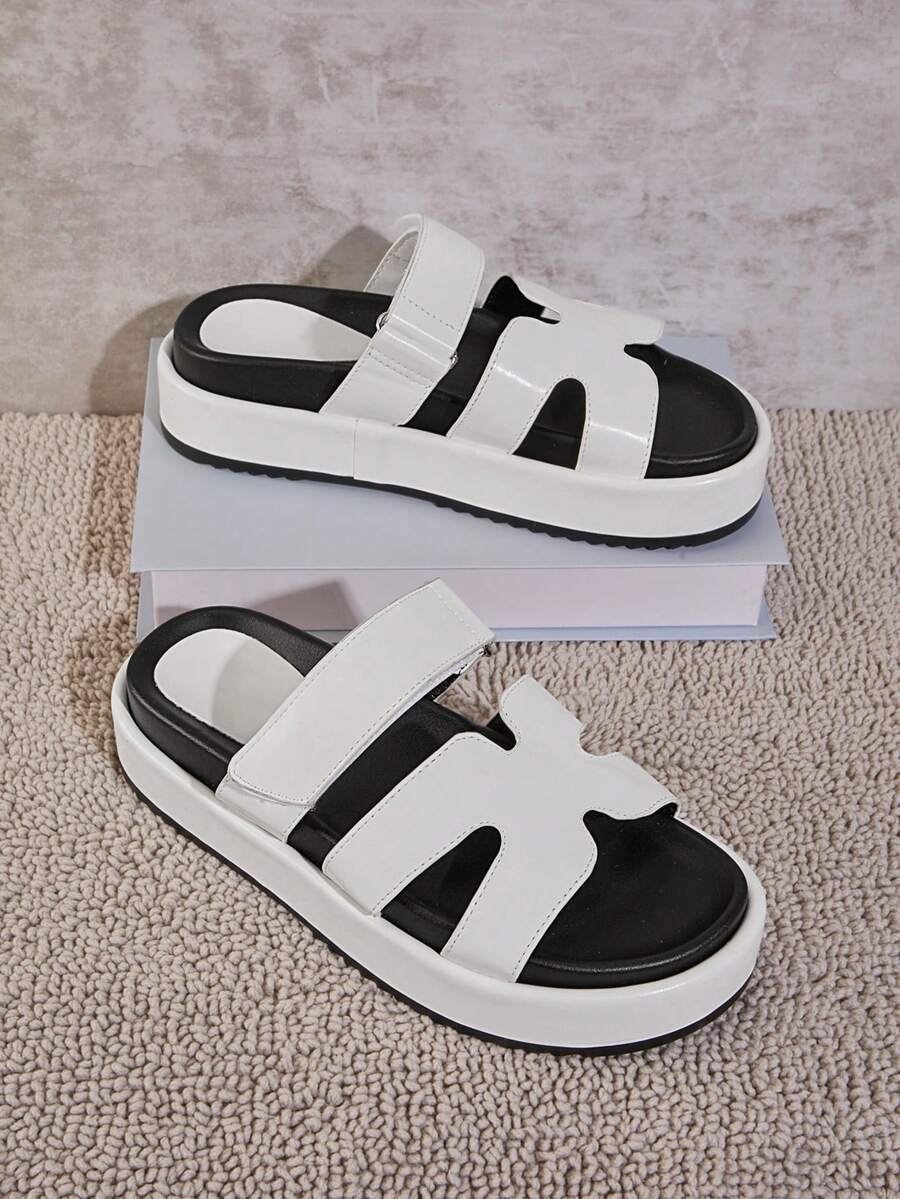 SHUZIA Luke & Comfortable 经典畅销款女士魔术贴搭扣镂空鞋垫白色PU厚底拖鞋 - 白色 - 查看 1