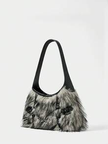 ROMWE Grunge Punk Y2K Faux Fur Shoulder Bag With Chain Detail, Punk Gothic Fluffy Hobo Bag, Street Style Handbag - Black and White - View 3