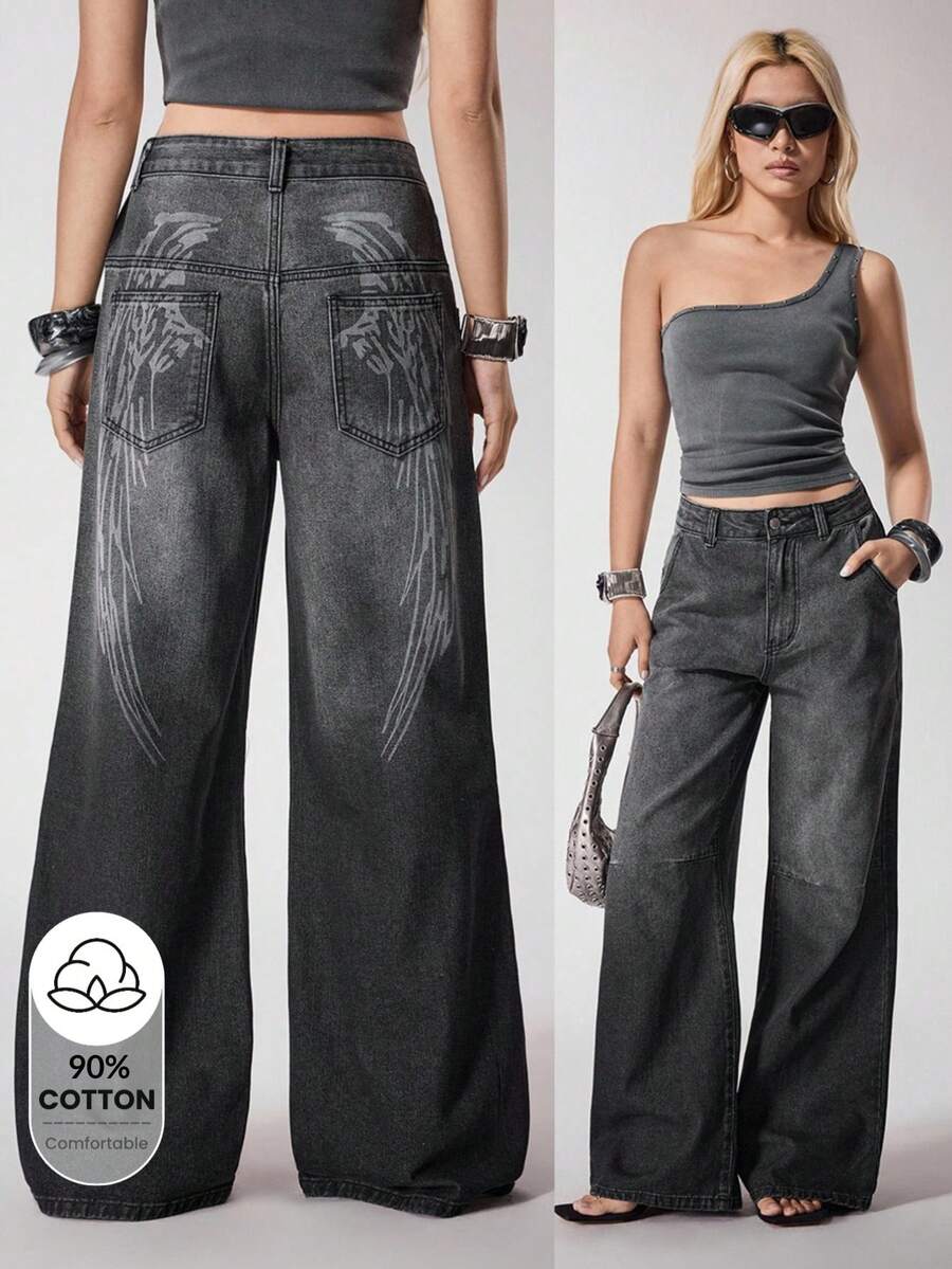 Y2Kool Ekonfriends 黑色灰色水洗天使翅膀朋克暗黑街头风女式宽松直筒低腰牛仔裤，适合休闲派对音乐节，阔腿哥特风牛仔裤，翅膀牛仔裤，Y2K印花牛仔裤，性感2000年代秋冬夜店穿搭，性感宽松牛仔裤，翅膀印花牛仔裤，低腰牛仔裤，秋季外出搭配灵感，新年穿搭，时尚服装系列，辣妹风 - 深灰色 - 查看 1