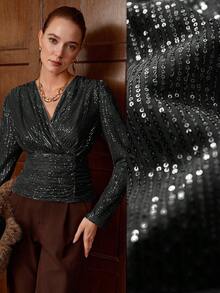 Aalyst 女士法式优雅奢华简约高端设计休闲度假工作装复古亮片交叉V领褶皱内衬长袖短款上衣，适合春、秋、冬季穿着。 - 黑色 - 查看 7