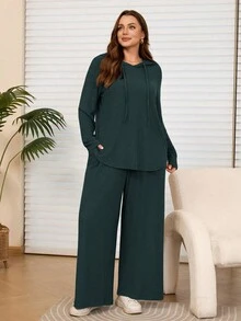 Rosumi 两件套加大码女式休闲连帽卫衣上衣和裤子套装，带口袋，秋冬季 - 墨綠色 - 查看 7