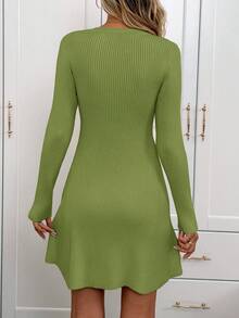 SHEIN LUNE Casual Women's Fitted A-Line Apricot Sweater Dress Green Short Dress Green Outfit For Women - Green - View 2