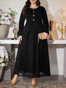 Modelyn Elegant Women's Black Long Sleeve Round Neck Plain Polyester Long Skirt Co-Ord Set With Contrast Mesh Detail Long Sleeve Elegant Dress - Black - View 5