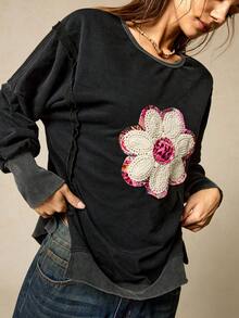 SoleilVie 女士休闲碎花针织圆领长袖开衩卫衣，春假外出上衣，Y2K 女装，2000 年代风格，Y2K 上衣，情人节 - 黑色 - 查看 4