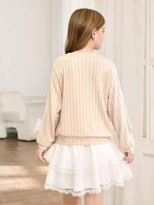Beige,Autumn,Cute,Matching Family Girls Sweater & Skirt Set,Long Sleeve Crew Neck Ribbed T-Shirt With 3D Bow Decor + Lace Patchwork Layered Mini Skirt - Khaki - View 2