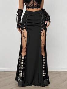 Coolane Women's Fall/Winter All-Season Y2K Goth Chic Rave Outfit Sexy High Slit High Slit Straps Comfortable Black A-Line Skirt - Black - View 1