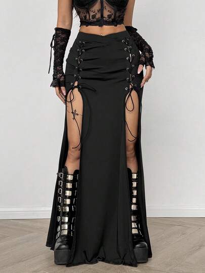 Coolane 女士秋冬四季皆宜 Y2K 哥特风狂欢装扮性感高开衩吊带舒适黑色 A 字裙