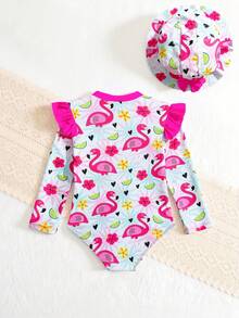 Baby Girls 1-Piece Swimsuit With Hat,Fuchsia Bow & Flamingo Print Long Sleeve Rash Guard Bathing Suit,Summer Holiday Beach Pool Swimwear For 12 Month - Pink - View 3