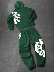 PAVTROS 2pcs Men's Casual Hooded Sweatshirt And Drawstring Pants Set - Dark Green - View 2