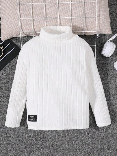 SHEIN Teenage Boys' Casual Striped Fabric Decorated Collar Long Sleeve T-Shirt, Minimalist All-Match Versatile Design Suitable For Home, Commute, School, Daily Casual, Travel, Outdoor Party, Sports, Autumn/Winter White Sweater White Textured Knit Boys Sweater Stand Collar For Boys Boys White Top