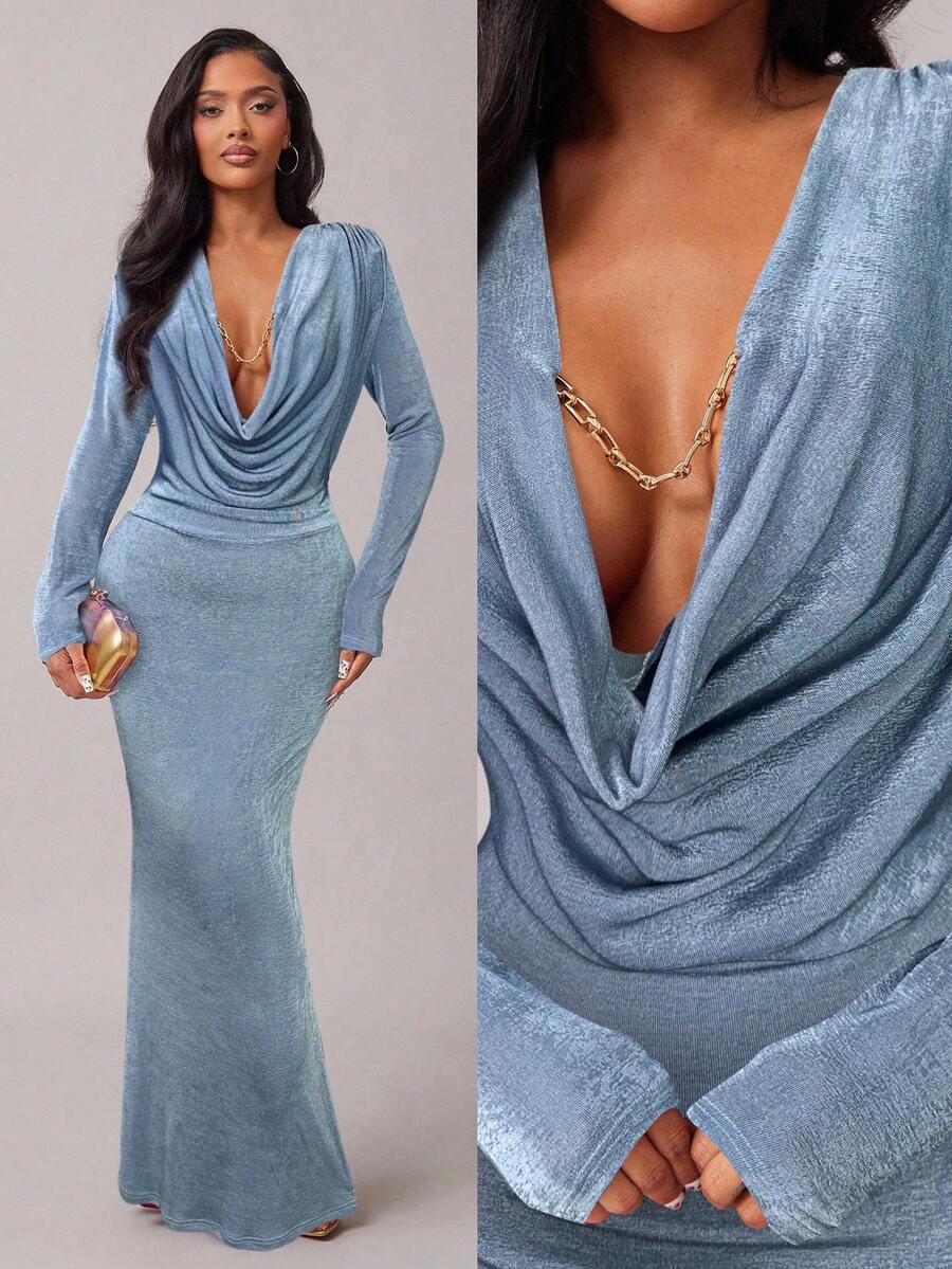 Radiana Váy đuôi cá dài tay cổ xếp ly thanh lịch màu đỏ tía dành cho nữ, thích hợp cho các buổi hẹn hò, tụ họp, sinh nhật, tiệc tùng, tốt nghiệp, tiệc chiêu đãi, tiệc cocktail, những dịp trang trọng, mùa thu/đông - Màu xanh lam - Xem 1