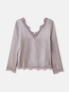 lacRébo Grey Satin Long Sleeve V Neck And Back Top With Lace Trim Detail, Fall Autumn Fall Spring Summer Going Out Top - Grey - View 7