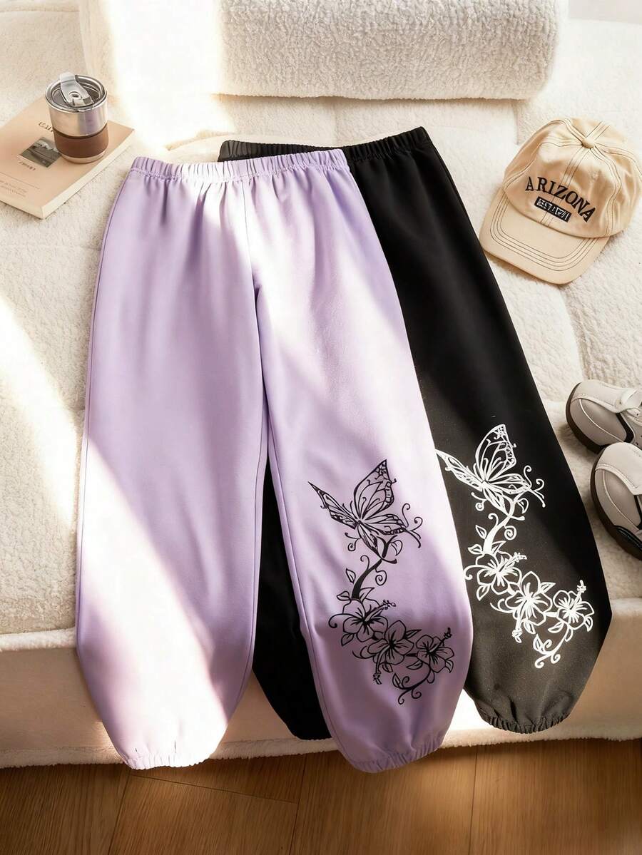 Sparklyn 2pcs Tween Girls Knit Fabric Comfortable Elastic Waist Casual Street Butterfly Print Sweatpants - Multicolor - View 1