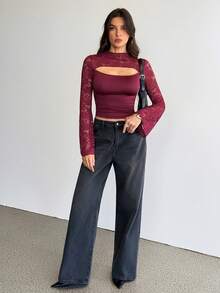 SHEIN Tall Women's Sexy And Elegant Fall Clothes For Women Wine Red Lace Patchwork Slim Fit Hollow Out Long Sleeve Women T-Shirt,Fall Outfits Women,Homecoming Top Women,Burgundy Tops - Burgundy - View 6