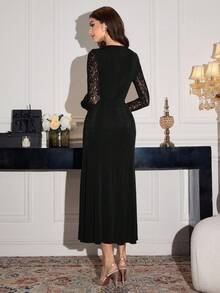 Modelyn Robe moulante à manches longues pour femmes avec patchwork de dentelle, boucle métallique et taille plissée, pour l'automne - Noir - Voir 7