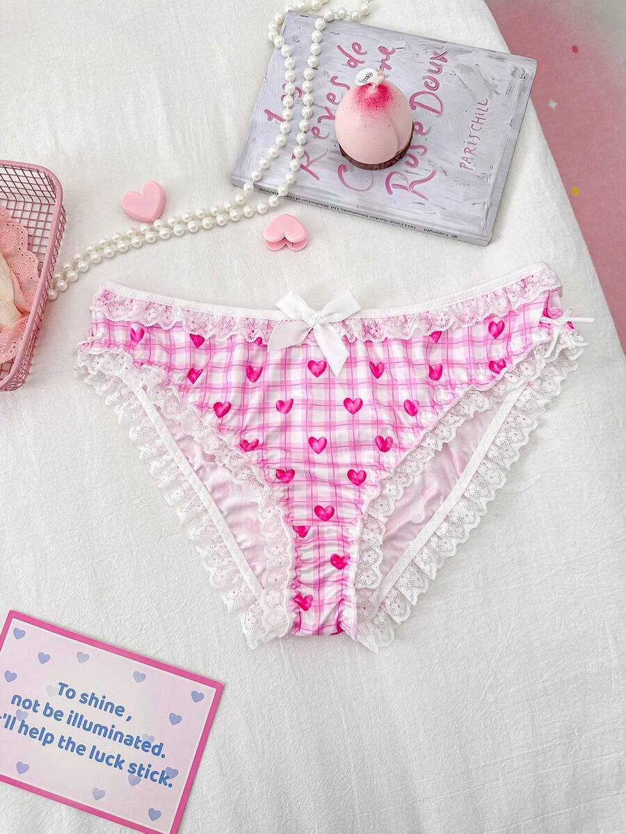 Women's Lace Patchwork Plaid & Heart Print Bow Decor Panties - Pink - View 1