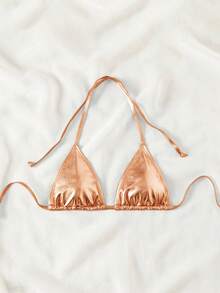 Swim SXY 女士纯色吊带系带性感比基尼上衣 - 香檳色 - 查看 3