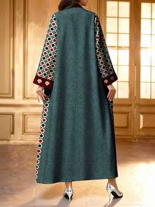 SHEIN Najma Women's Islamic Pattern & Floral Digital Print V-Neck Long Sleeve Elegant Arabic Robe, Spring/Autumn Kaftan Jalabiya Dress - Multicolor - View 2