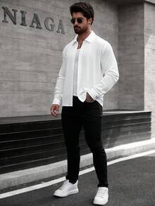 Manfinity CasualCool 男士休闲百搭纯色纹理衬衫 男士白色长袖衬衫 男士纹理衬衫 男士钩针衬衫 - 白色 - 查看 6