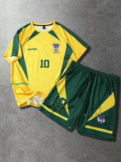 ROMWE MEN Men's T-Shirt Set, Casual Sports Brazilian Color Scheme T-Shirt Set, Spring/Summer