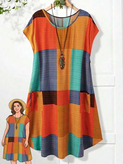 Enliva Vestido casual de verano para mujer de talla grande con cuello redondo y mangas de murciélago a cuadros