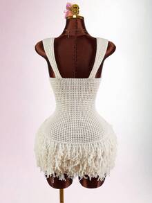 Amplova Váy dệt kim mini viền tua rua gợi cảm thời trang nữ - Màu be - Xem 7