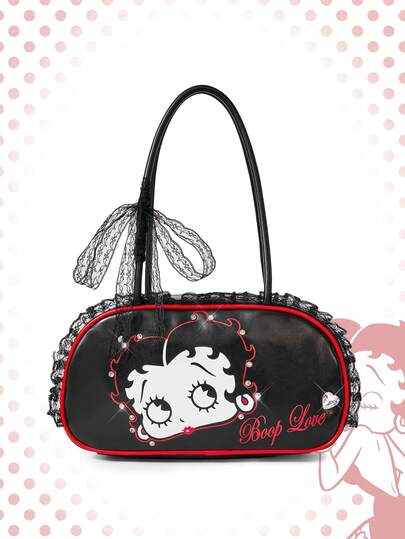 Betty Boop | ROMWE Borsa con fiocco in pizzo, decorazione con strass, stile vintage e da ragazza, borsa personalizzata adatta per feste e uscite