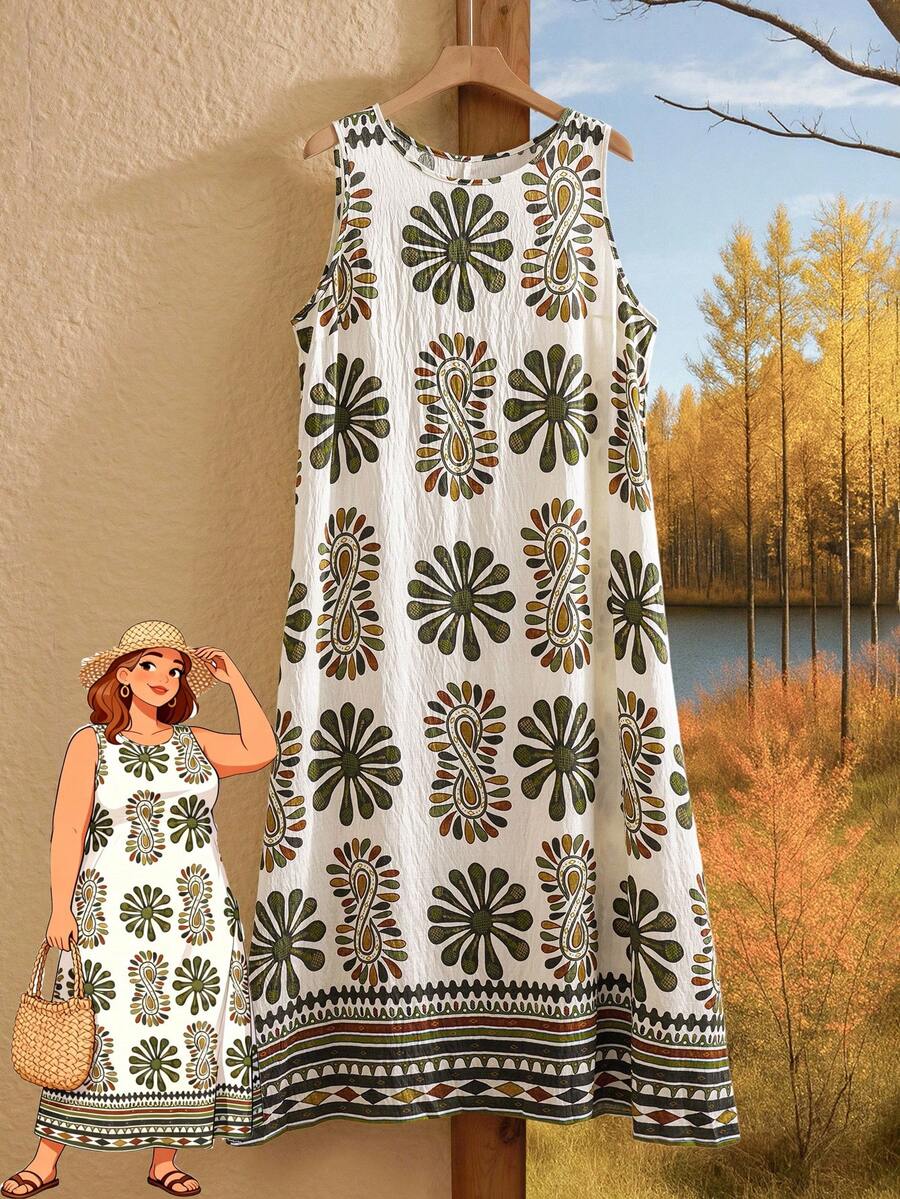 Rusticease 大码女式夏季乡村度假圆领无袖花卉印花连衣裙